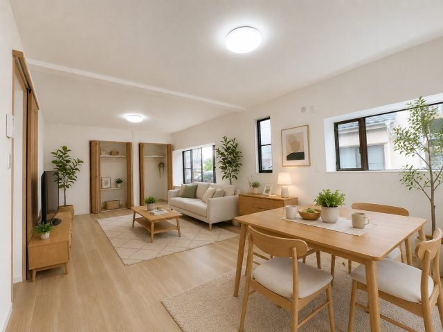あきる野市二宮東2丁目　中古戸建の居間・リビング|19.7帖のLDK　窓から明るく暖かな光がたくさん入り居心地の良い空間です※家具はCGイメージです