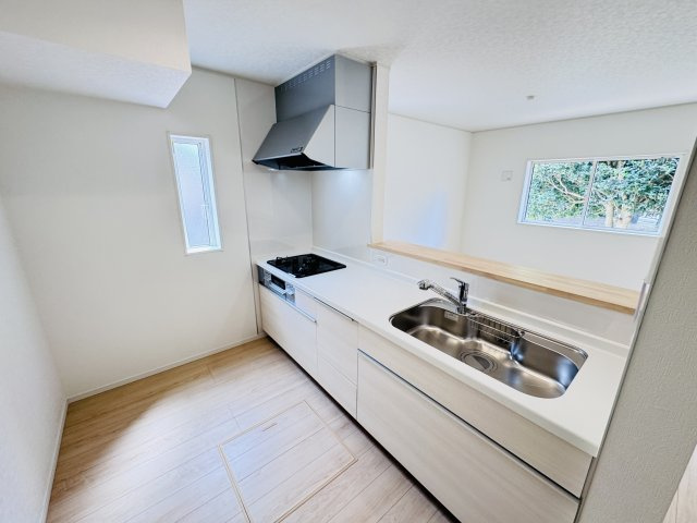 柏市伊勢原１丁目新築戸建（伊勢原第７）のキッチン|広々システムキッチン・シンクの水栓には浄水器がついてます！