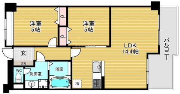 グランドヴィラ境川の間取り|◆2LDK、価格2680万円、専有面積53.46㎡、バルコニー面積9.93㎡