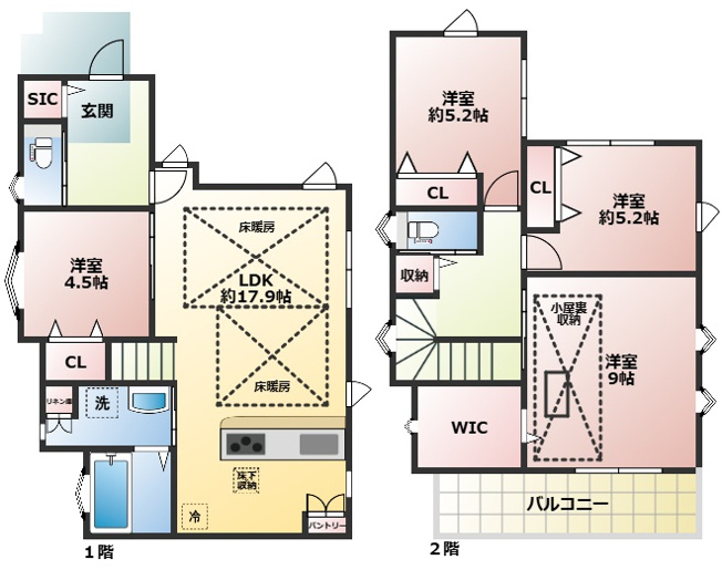 【間取り】 | 明石市朝霧北町 | ＬＤに床暖房有！寒い日は足元から温まります♪9帖の洋室に様々な用途で使える小屋浦収納有！