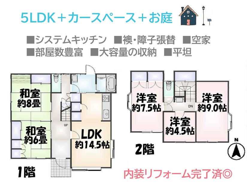 【現地画像あり】平塚市田村7丁目　中古戸建　60.05坪の間取り|収納力が高く、奥行き感じる出窓と開放感も魅力の５LDK住宅◎
ＬＤＫから水廻りの回遊動線良く、家事効率もＵＰいたします。