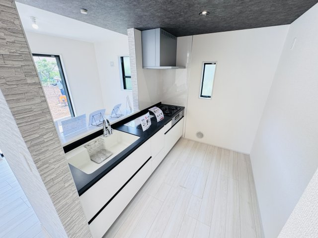 柏市今谷上町新築戸建【光ケ丘小学校:６分】のキッチン|広々システムキッチン・お手入れしやすいレンジフード