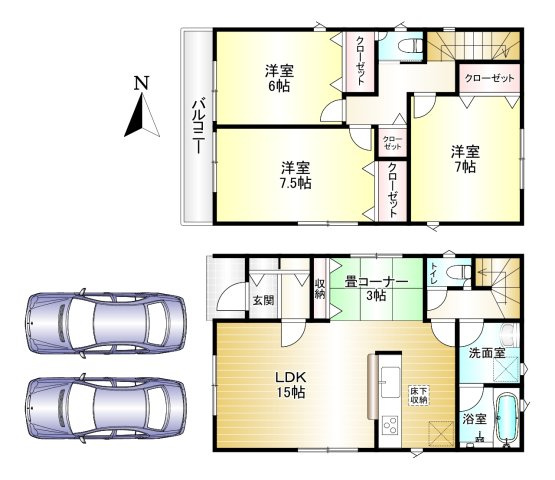 大和高田市築山第５の間取り|3LDK　土地面積：101.09㎡　建物面積：90.72㎡　駐車スペース2台