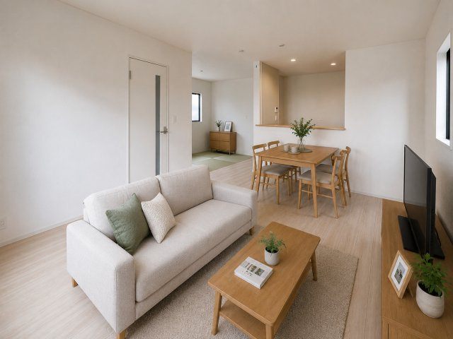 大和高田市築山第５の居間・リビング|LDK15帖　（画像の家具はAIによって作成したものです）