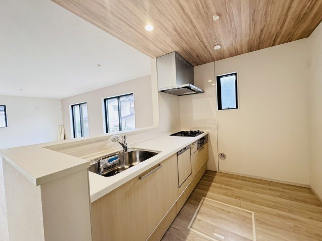柏市増尾８丁目新築戸建（増尾２期）のキッチン|お手入れしやすいレンジフード・シンクの水栓には浄水器がついてます！