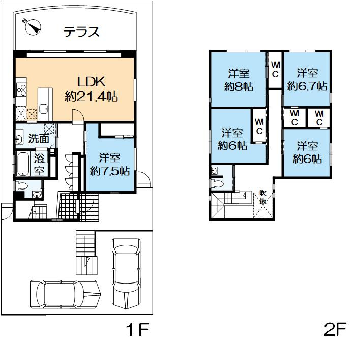 東灘区渦森台4丁目戸建の間取り|延べ床面積：149.98㎡の5LDKです。駐車スペースも2台分有（車種によります）