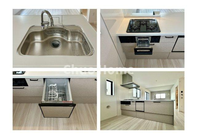 江戸川区南小岩2丁目新築分譲住宅のキッチン|【システムキッチン】ワイドで収納豊富な使い勝手の良いカウンターキッチンには、食洗器・伸縮タイプのキッチン水栓、三ツ口コンロ・魚焼きグリルなどの便利な設備が標準完備されています。