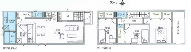 新築　高崎市赤坂町1期　LIGNAGE　1号棟の間取り|建物面積107.64㎡　広々20帖のLDK・全居室6帖以上♪各部屋収納付きで便利です！インナーバルコニーなので急な雨でもお洗濯物も安心です。