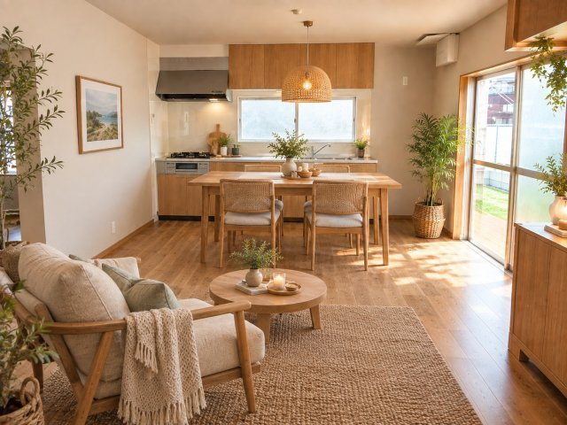 舞子台1丁目 中古戸建のキッチン|南側の大きな窓に面した位置にダイニングセットを配置して、ウッドデッキとお庭を見ながらお食事を楽しむのはいかがでしょうか

※画像は家具等をレイアウトした場合のイメージです