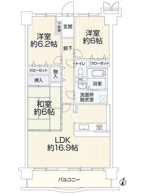 サントノーレ姫原弐番館の間取り|使いやすい3LDKの設計で、LDKに隣接する和室はお子様のお昼寝スペースや家事スペースにもぴったり。全室に収納が配置されているため、家族4人の荷物が増えてもお部屋を広々と有効に使えてすっきり暮らせそう