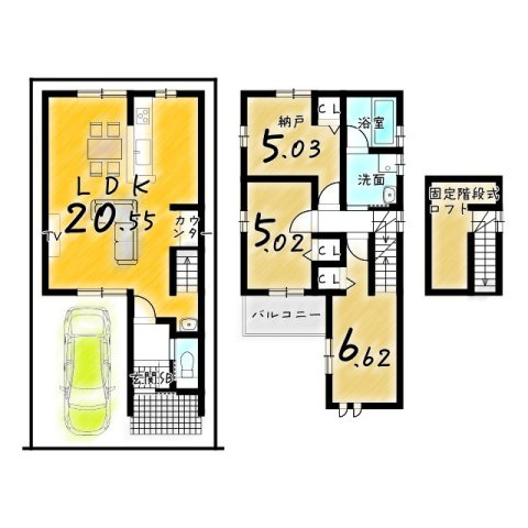 西ノ京内畑町　建築条件無土地の参考プラン|【2階建てプラン】
建物価格2099万円、建物面積77.95m2
建築確認申請費用120万円・外構費用130万円・住宅省エネルギー性能証明書発行費用11万円別途要（※全て税込）
