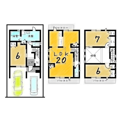 西ノ京内畑町　建築条件無土地の参考プラン|【3階建てプラン】
建物価格2499万円、建物面積98.55m2
建築確認申請費用120万円・外構費用130万円・住宅省エネルギー性能証明書発行費用11万円別途要（※全て税込）