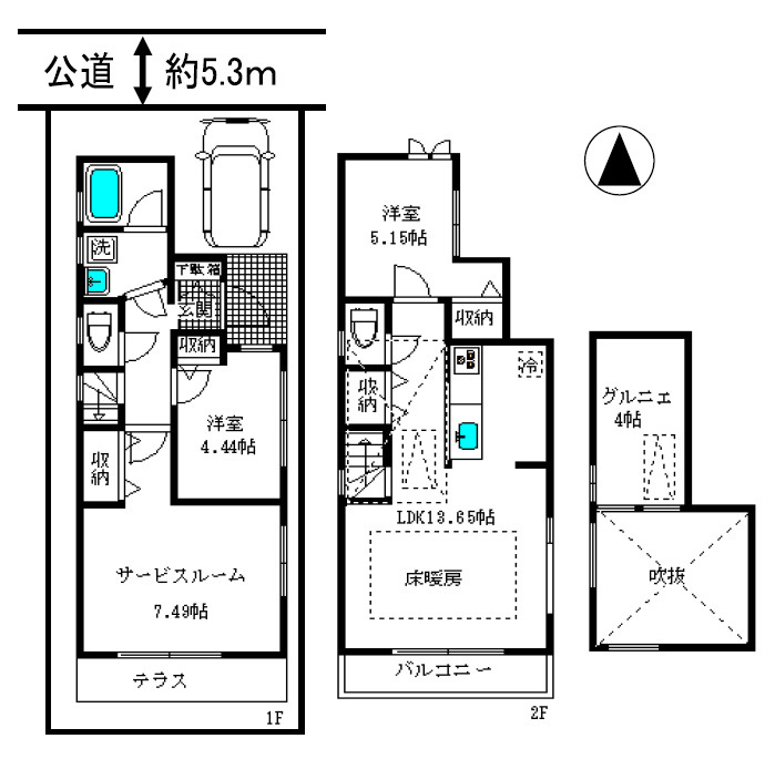 中野区鷺宮4丁目　2013年築×車庫付き　中古戸建の間取り|2LDK+S+グルニエ　土地面積77.12m2　建物面積71.98m2 