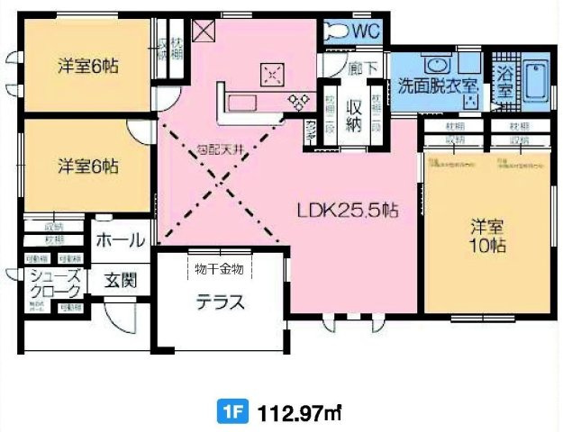 第3榛東村広馬場　新築戸建　4号棟（平屋）の間取り|収納充実♪3LDKで陽当たり良好な間取りです！
土地面積358.34㎡、建物面積112.97㎡で十分な広さです！