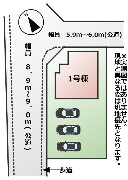リガーレ宇都宮市江曽島町16期の区画図|敷地面積：173.64㎡　接道：北東側約5.9ｍ～6.0ｍ(公道)、北西側約8.9ｍ～9.0ｍ(公道)の角地