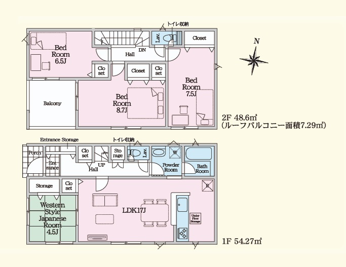 Cradlegarden　 常陸太田市増井町　第1　1の間取り|　
☆LDKに寛ぎの和室が隣接。お昼寝コーナーにも◎洗面室2WAY出入り口。水廻りコンパクトで家事動線ラクラクです。全居室に大容量の収納スペース付き。全室南向きの明るいお部屋です！