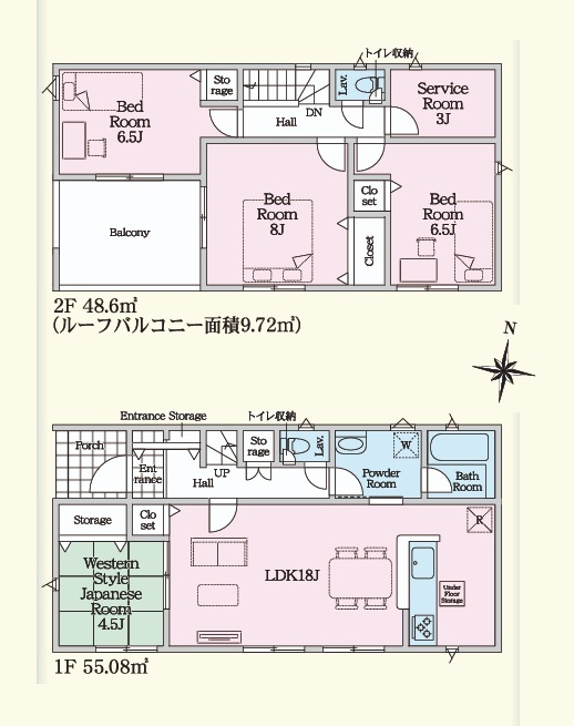 Cradlegarden　 常陸太田市増井町　第1　2の間取り|　
☆LDKゆったり18帖。洗面室2WAY出入り口で水廻りコンパクト！家事動線ラクラクです。全居室に大容量の収納スペース付き。小窓付き3帖納戸も便利です。