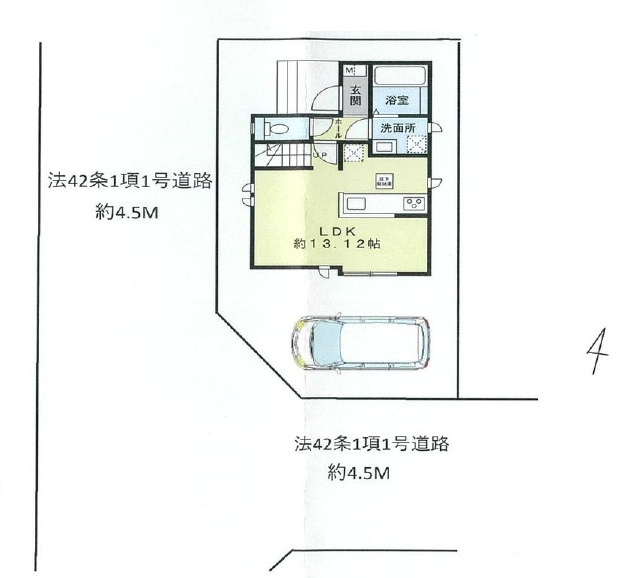 東久留米市小山4丁目・全1棟　新築一戸建　～南西角地～の区画図|駐車1台可、日当たり・通風良好な南西角地です。