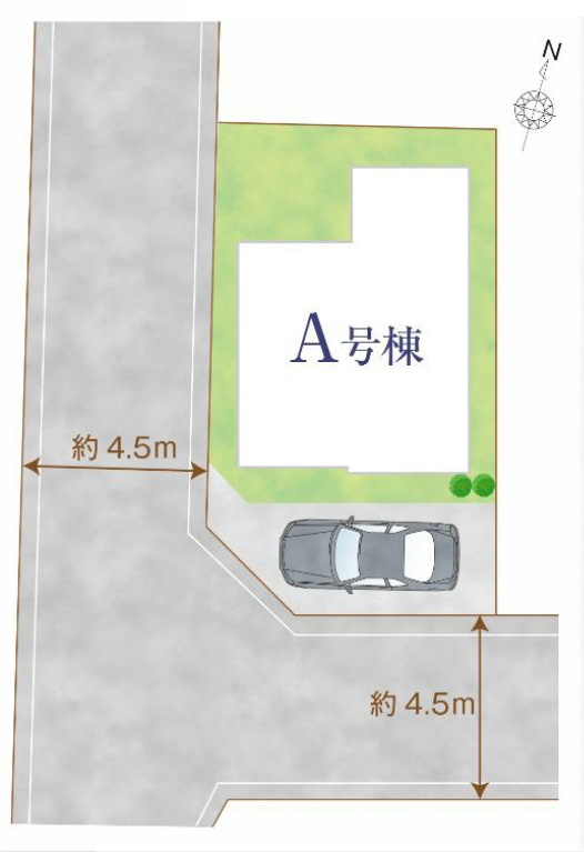 東久留米市小山4丁目・全1棟　新築一戸建　～南西角地～の区画図|駐車1台可、日当たり・通風良好な南西角地です。