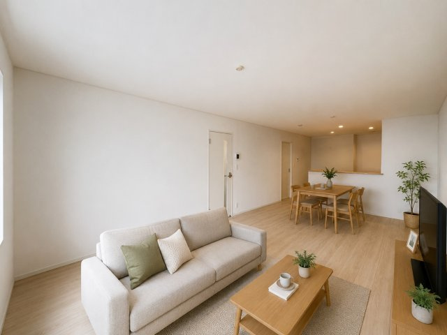 大和高田市築山第５の居間・リビング|LDK19帖（画像の家具はAIによって作成したものです）