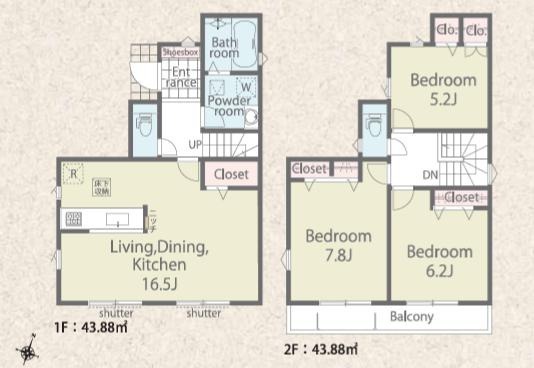 八王子市　西寺方町　新築一戸建て　０２期の間取り|～南向き3LDK　開放感のあるワンフロアリビングの間取り～