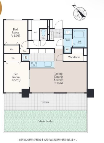 ルネステージ浦和の間取り|2LDK 専有面積64.81m2 バルコニー面積14.68m2
使い勝手の良い2LDKの間取りプラン。家事動線に優れ、各居室に収納を備えた暮らしやすいレイアウトです。