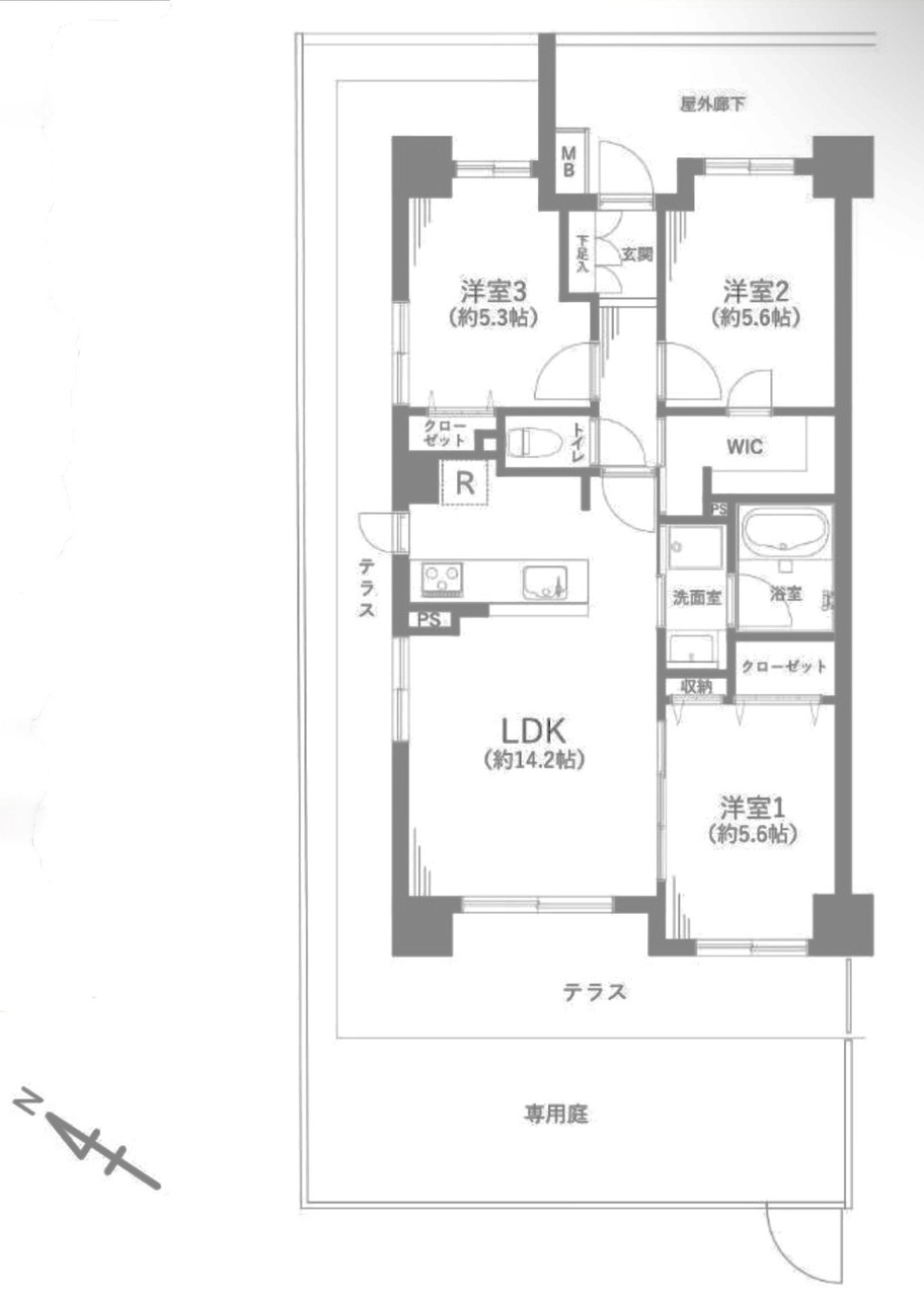 アンビシャス川口青木の間取り|間取り　専有面積69.51m2 　バルコニー22.94m2 　専用庭32.23m2