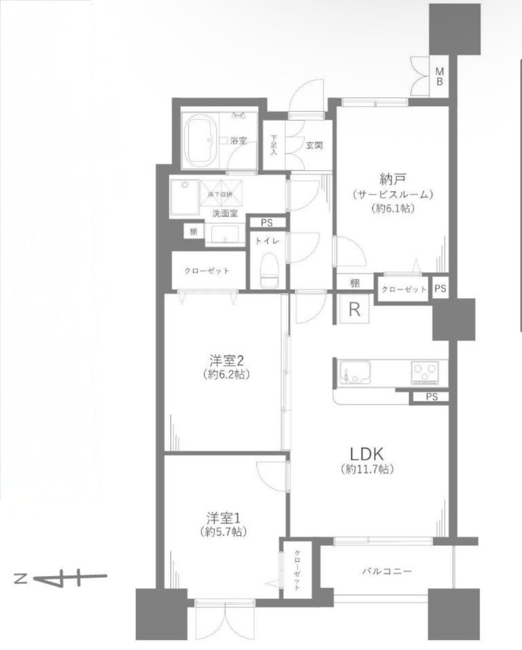 ラムザタワーの間取り|間取り　専有面積65.55m2 バルコニー4.3m2 
効率的な動線と十分な収納スペースを確保した、ご家族で快適にお過ごしいただける間取り設計です。