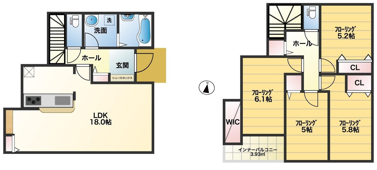 戸建　春日部南5丁目の間取り|4LDK 敷地面積：99.22m2／約30.01坪　建物面積：97.50m2／約29.49坪
全居室に収納、主寝室には大型WICも完備した充実の4LDKです。