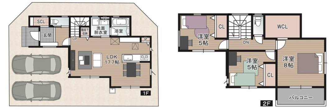 南国市大そねⅥ　2号棟　新築戸建（全5区画）の間取り|2号棟　建物面積　94.39㎡（約28.55坪）（1F　48.02㎡　2F　46.37㎡）