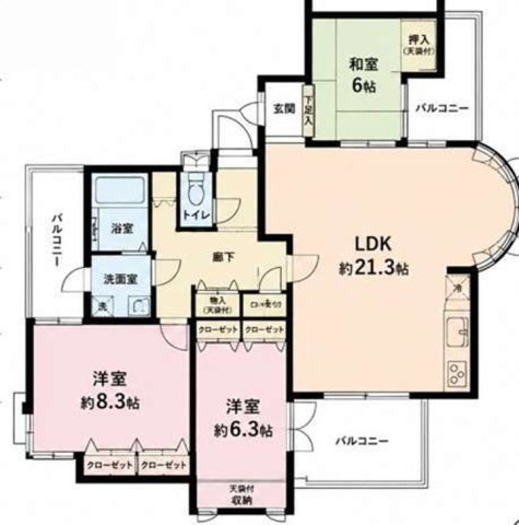 パレロワイヤル岡本の間取り|全室　2面採光　バルコニー付き　収納有り