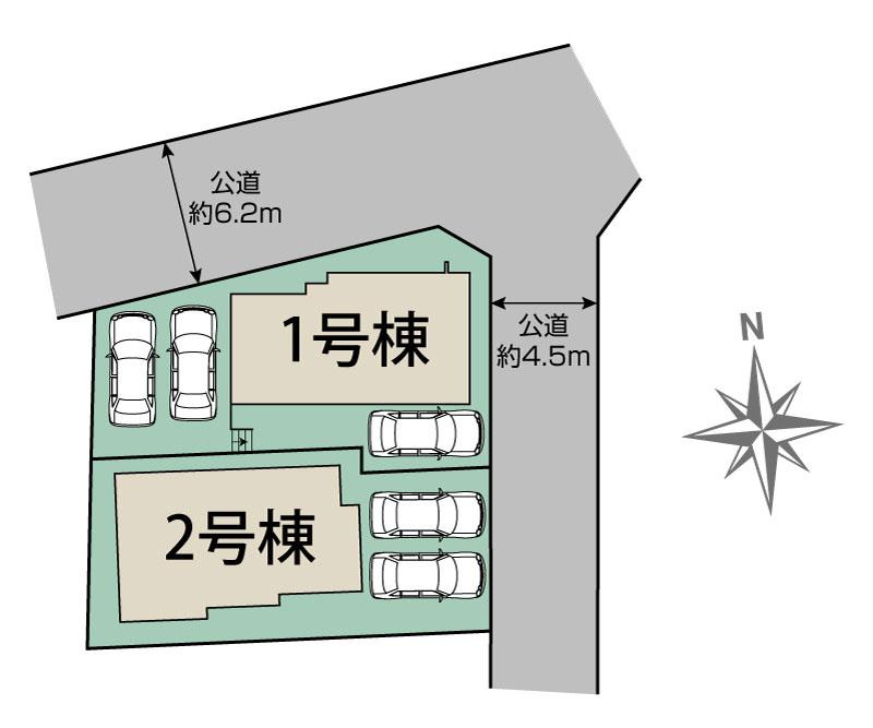 【同施工物件ご案内可能】東海市加木屋町鎌吉良根　全2棟の区画図|全体区画数｜全2棟
◆駐車2～3台可能！(但し、車種による)
◎まずは、お気軽にお問い合わせください。現地を案内しながら周辺環境も見て頂けます。