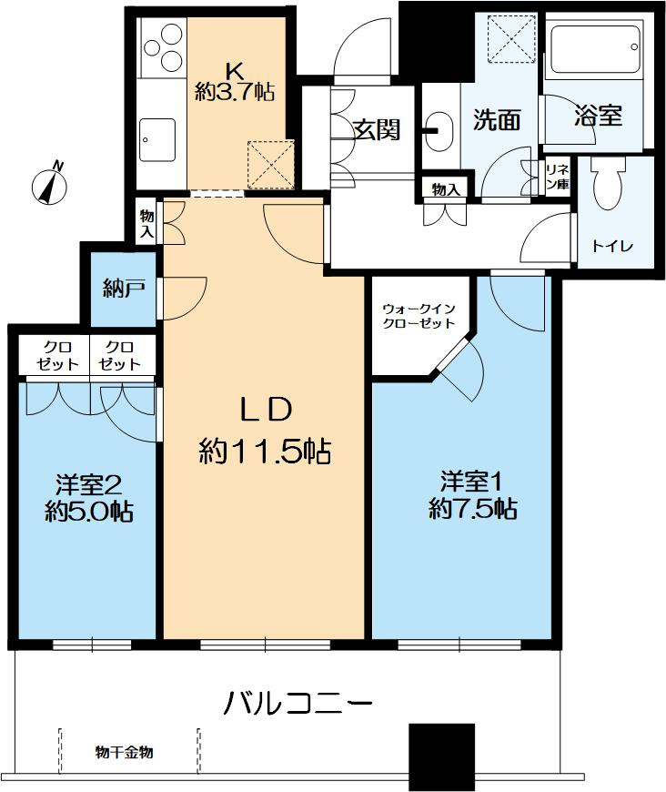 御影タワーレジデンスの間取り|67.02㎡、2LDK＋納戸です。
各洋室に収納があり、ウォークインクローゼットもございますので広くごゆっくりお過ごしいただけます。