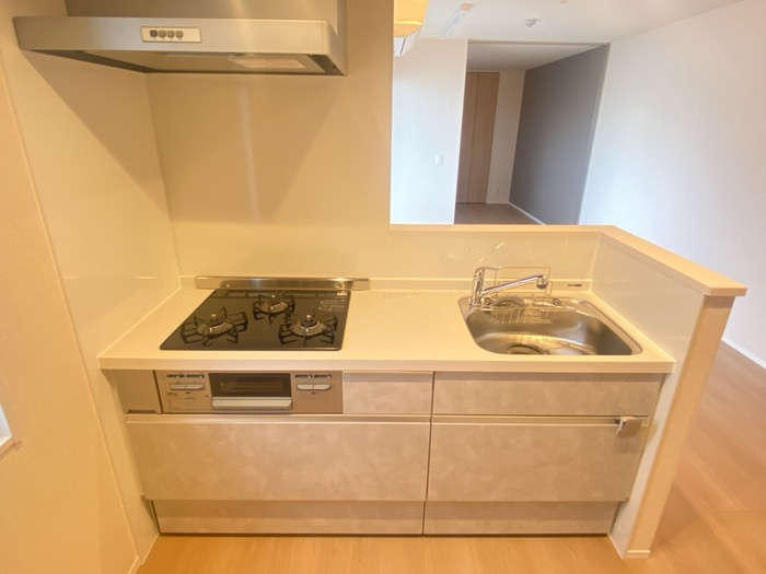 Ｄ－ＲＯＯＭ桂川のキッチン|システムキッチンはグリル付カウンター型で2人入居に便利