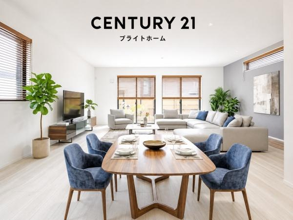 横浜市中区寺久保の新築一戸建の居間・リビング|窓からは明るい光が差し込みます！
電気をつけなくても明るいです。
※家具等はＣＧでの参考レイアウトです。