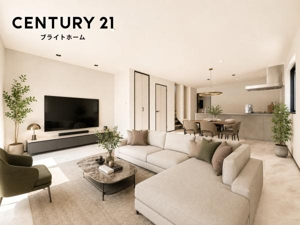 横浜市中区本牧緑ケ丘の新築一戸建の居間・リビング|自慢したくなるリビング！
形も良く家具の配置にも困りません。
※家具等はＣＧでの参考レイアウトです。