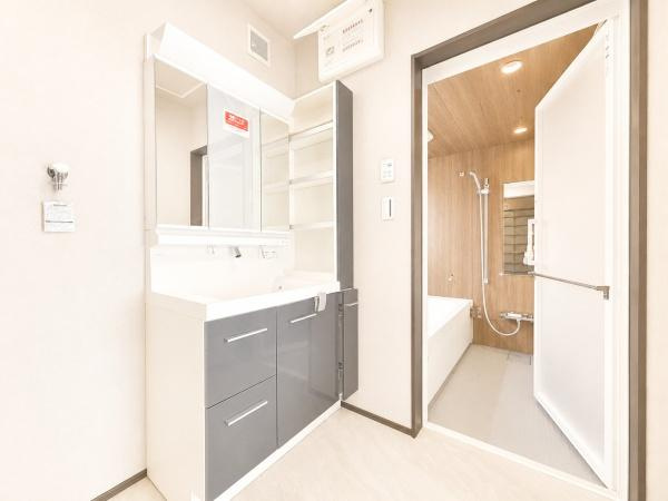 横浜市中区本牧緑ケ丘の新築一戸建の独立洗面台|お化粧もしやすい三面鏡付き独立洗面台、
収納もしっかりあり、洗剤などもしまっておけます。