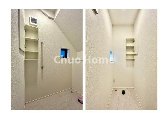 足立区大谷田5丁目新築分譲住宅のトイレ|【トイレ】 収納スペースをしっかりと確保した温水洗浄便座機能付きトイレ。温水洗浄便座は清潔にお使いいただくための大切なアイテムです。