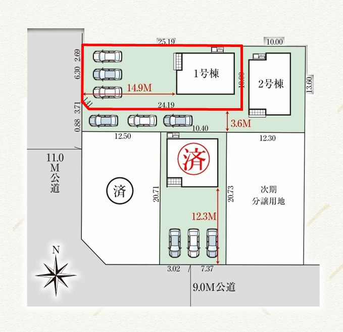 郡山市富田町字前川原　　　１号棟　　　富田小学校、富田中学区の区画図