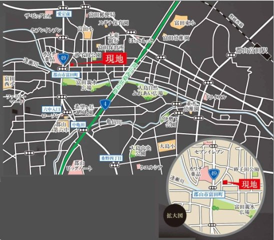 郡山市富田町字前川原　　　２号棟　　　富田小学校、富田中学区の地図|案内図