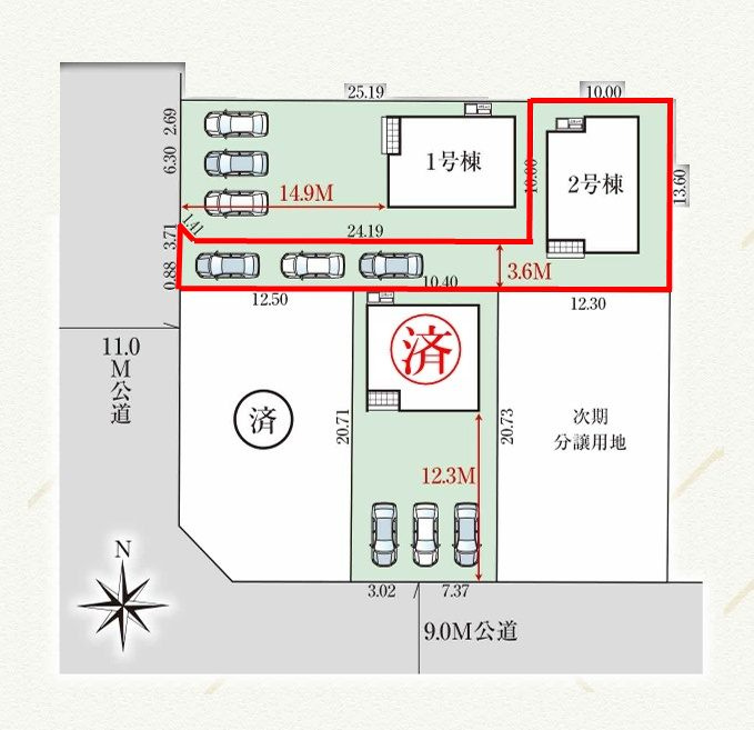 郡山市富田町字前川原　　　２号棟　　　富田小学校、富田中学区の区画図