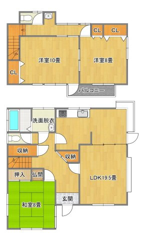 南相馬市原町区栄町 中古住宅3LDK 陽当たり良好！不動産プラスの間取り|3LDKの住宅です。和室1部屋と洋室2部屋のバランスの良い住宅です。駐車場は縦列2台分あります。