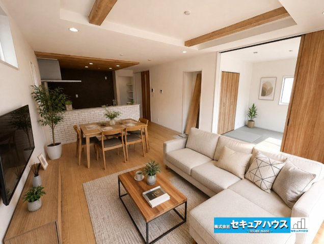 【本日ご案内可能】東郷町清水三丁目　全1棟の居間・リビング|【リビングに家具を配置したイメージ図】
◆広々としたリビングのため、ダイニングテーブルや大きなソファ、テレビを配置することが可能です♪
◆折上天井やレンガ調のキッチンがオシャレな空間を演出しています。