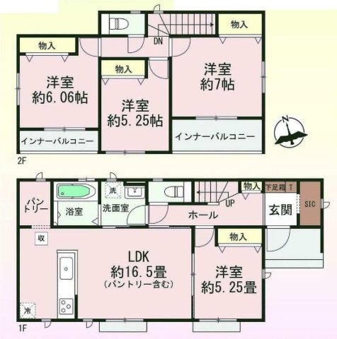新築　高崎市倉賀野町　Heartful　Town　A号棟の間取り|建物面積105.58㎡　全居室南向き♪シューズインクローク・パントリ―・各部屋収納付きで便利です！インナーバルコニーなので急な雨でもお洗濯物も安心です。