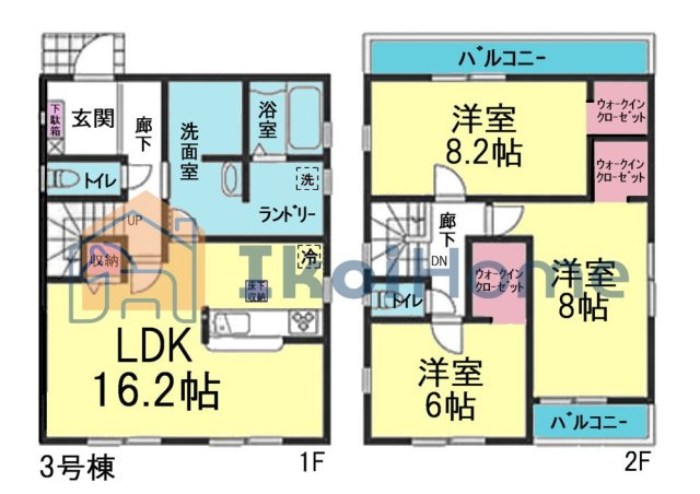 神戸市西区王塚台６丁目　全５棟　3号棟　新築戸建の間取り|【ホームページに現地動画掲載中】●3LDKの間取り！WIC3か所完備で収納豊富♪バルコニー２か所♪