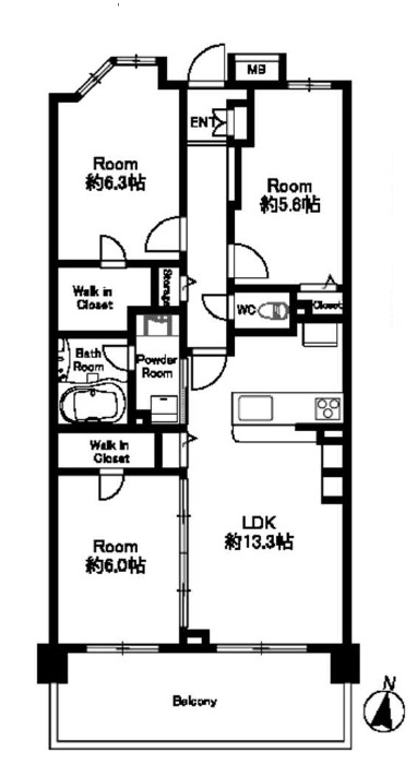 ゼファー久米川ミーティスの間取り|LDK13.3帖、WIC2ヶ所、全居室収納付、日当たり・眺望良好な4階部分のお部屋です。