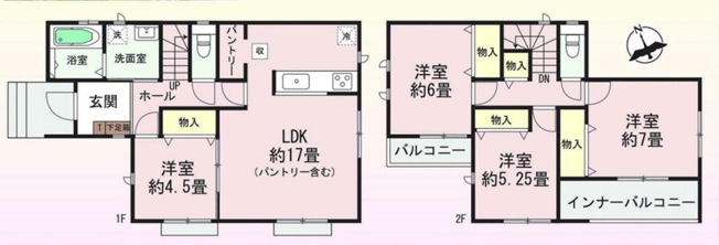 【間取り】 | 高崎市筑縄町　新築住宅 | パントリー付きの広々とした約17畳LDKに加え、1階に独立した洋室を配置。2階にはインナーバルコニーや、各室に独立した「物入」収納が充実した暮らしやすい4LDKです。
