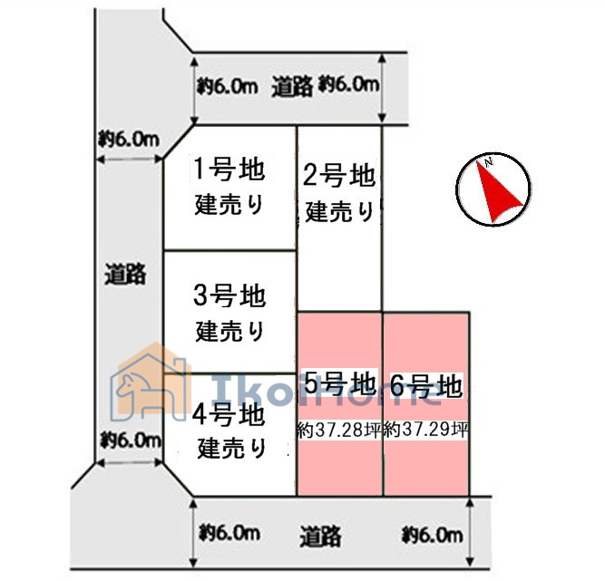 明石市大久保町松陰山手1期　土地6区画の土地図|●年中無休：当日予約可●5号地は南間口で陽当たり良好♪敷地ゆったり約37.2坪！