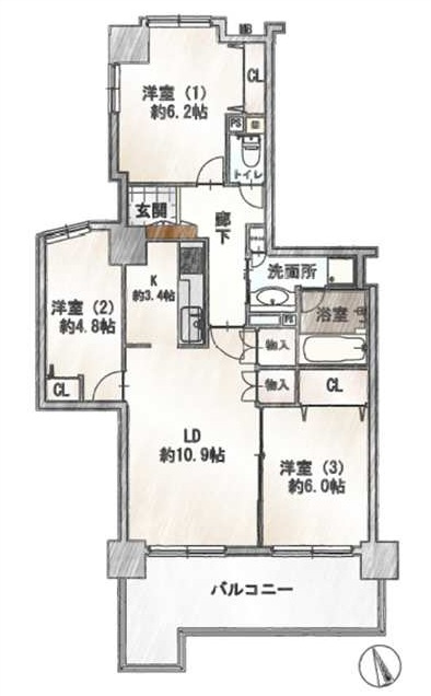 フォーラスタワー所沢の間取り|LDK14.3帖、全居室収納付、日当たり・眺望良好な29階部分のお部屋です。