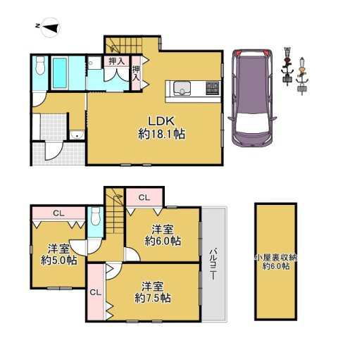向日市鶏冠井町東井戸の間取り|南西の角地につき開放感あふれるお住まいです！収納充実の3LDK！